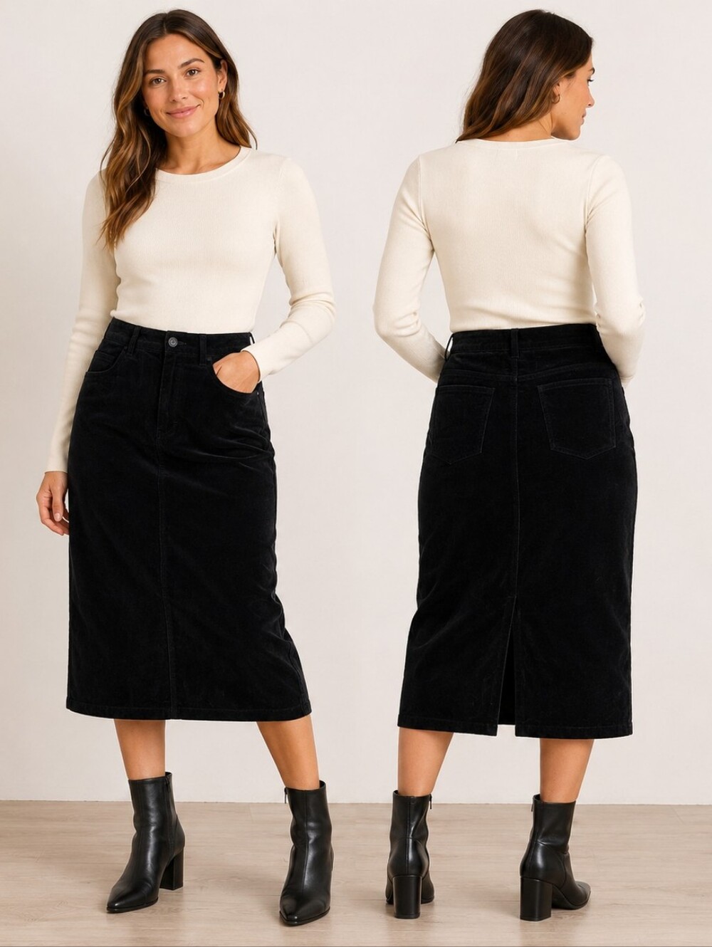 Westbound Petites Black Velvet Midi Skirt Size 12P Dark Academia • 90s Minimalis